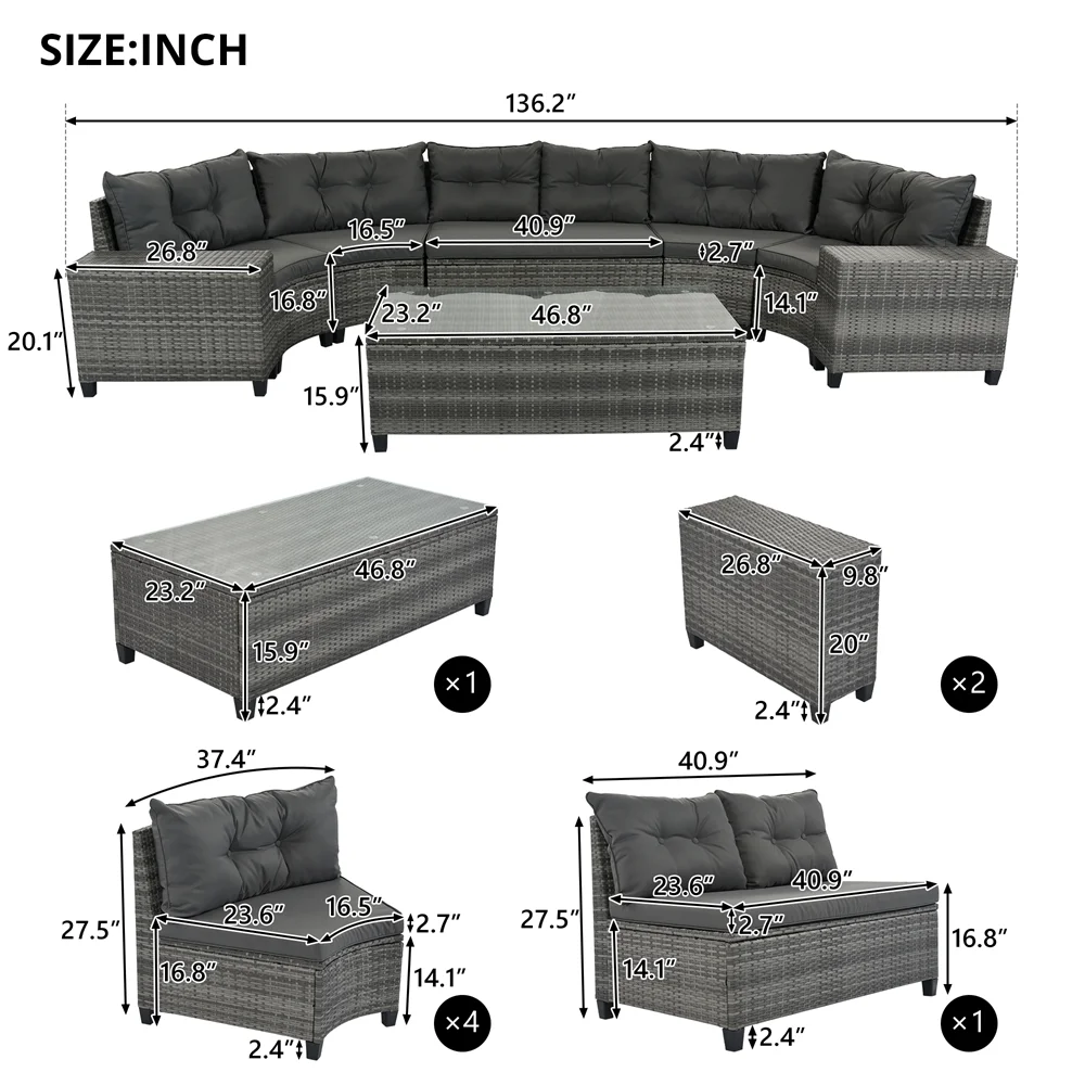 8 Pieces Outdoor Wicker Round Furniture Set, All Weather Half-Moon Sectional Patio Sofa Sets with Rectangular Coffee Table, Beige - Image 18