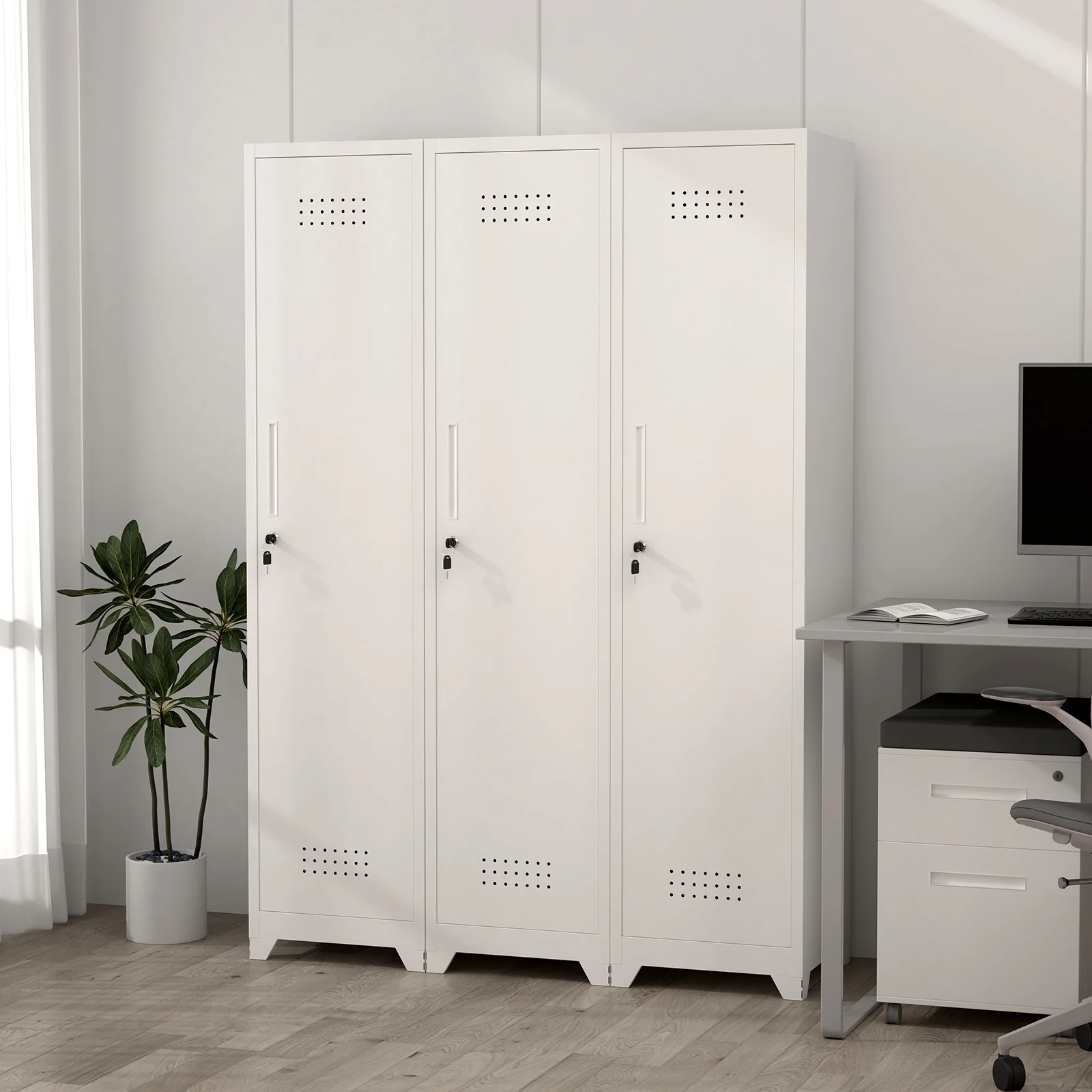 Marcree 65" H Slim Broom Storage Cabinet, Metal Broom Closet with Shelves and Hanging Rod, Utility Cabinet for Brooms and Mops, Tall Cleaning Storage Cabinet for Kitchen, Pantry, Office, Shop, Garage - Image 14