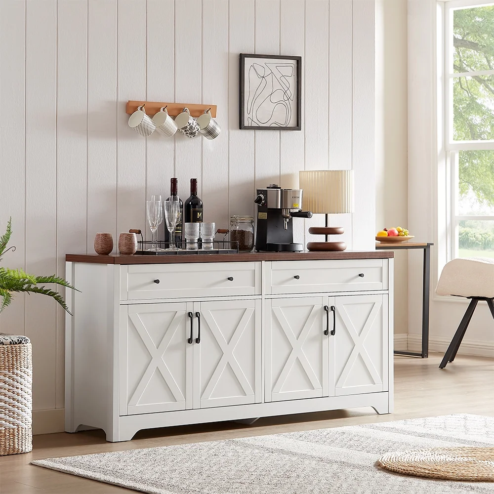 TrumanPick 61"H Large Buffet Sideboard Cabinet, TV Cabinet, Kitchen Pantry for Dining Room, Living Room, 61.3''L x 15''W x 29.8''H, White/Walnut - Image 10