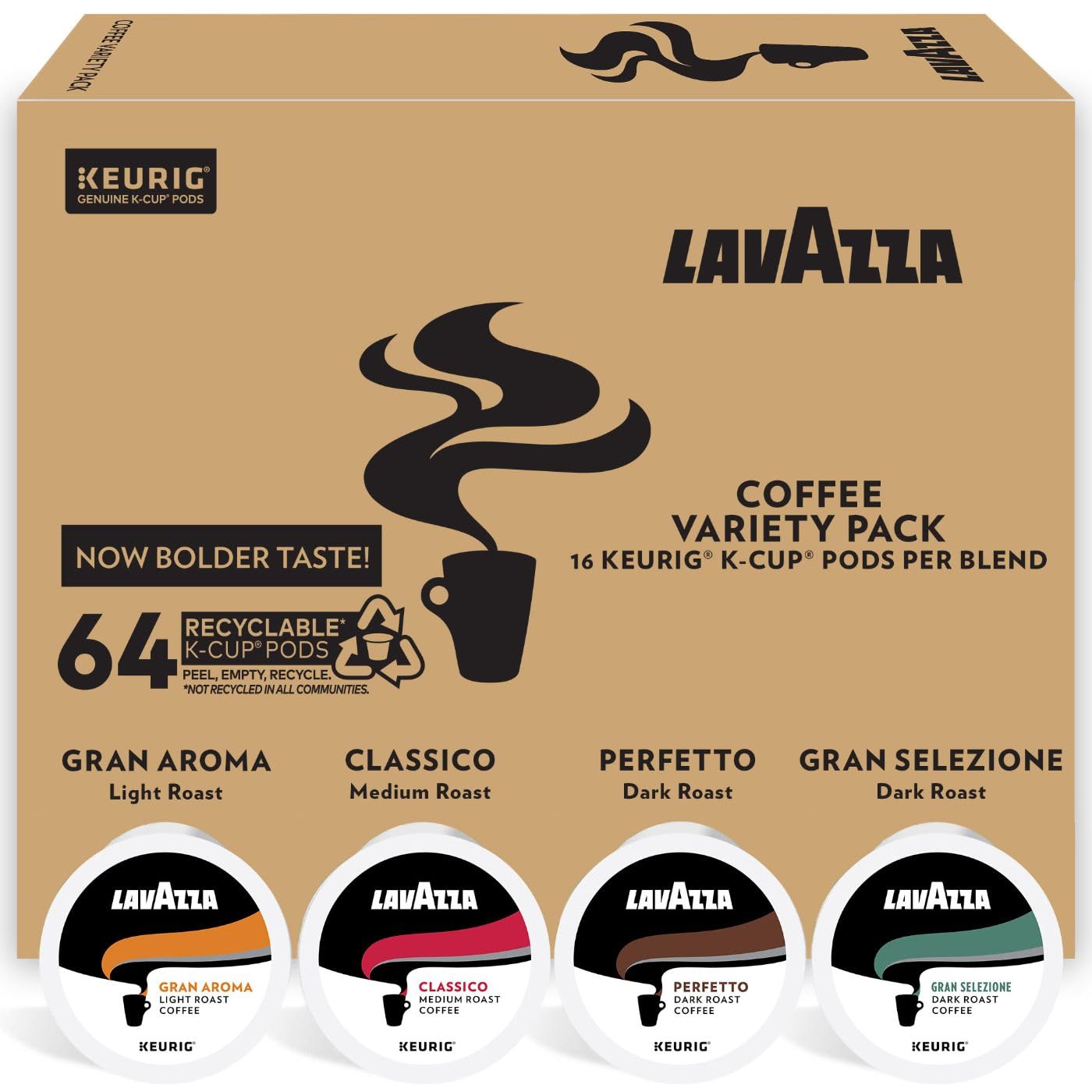 Lavazza Coffee K-Cup Pods Variety Pack for Keurig Single-Serve Coffee Brewers. 64 Count . Value Pack. Notes of: fruits. flowers. chocolate. carmel. citrus