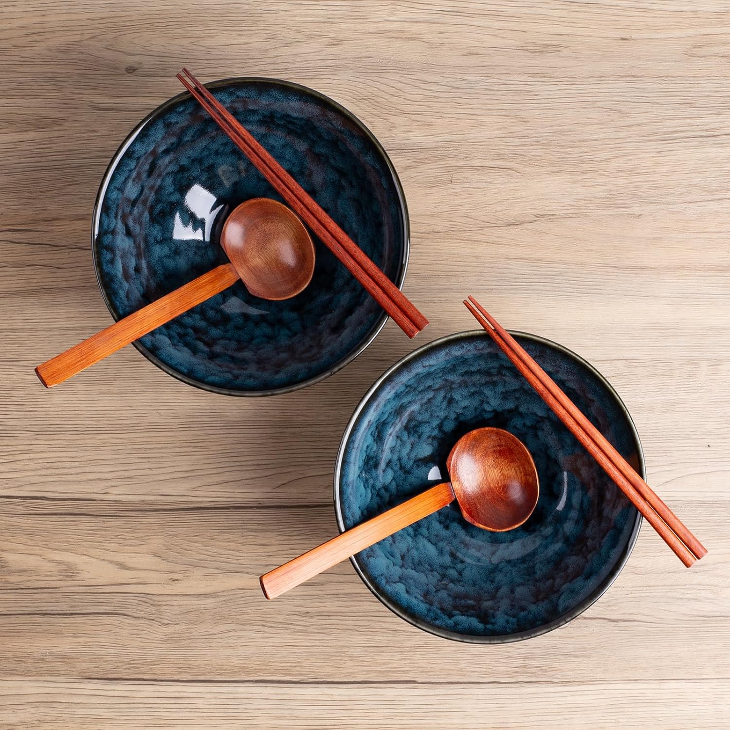 40oz Japanese Ceramic Ramen Bowl Set of 2 with Chopsticks and Spoons for Pho Udon Asian Soup Noodles (Nebula Blue)