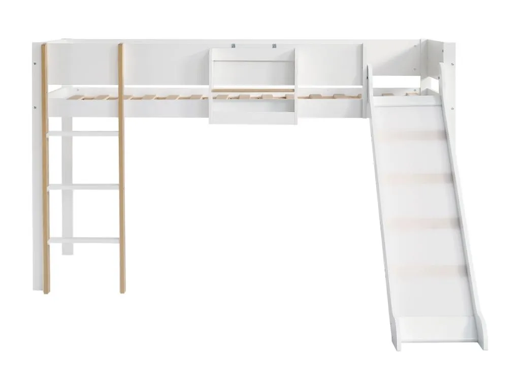 Cama alta 90x200cm, cama infantil con escalera, tobogán, estante extraíble, pino+MDF, Cosinor+natural wck3352065