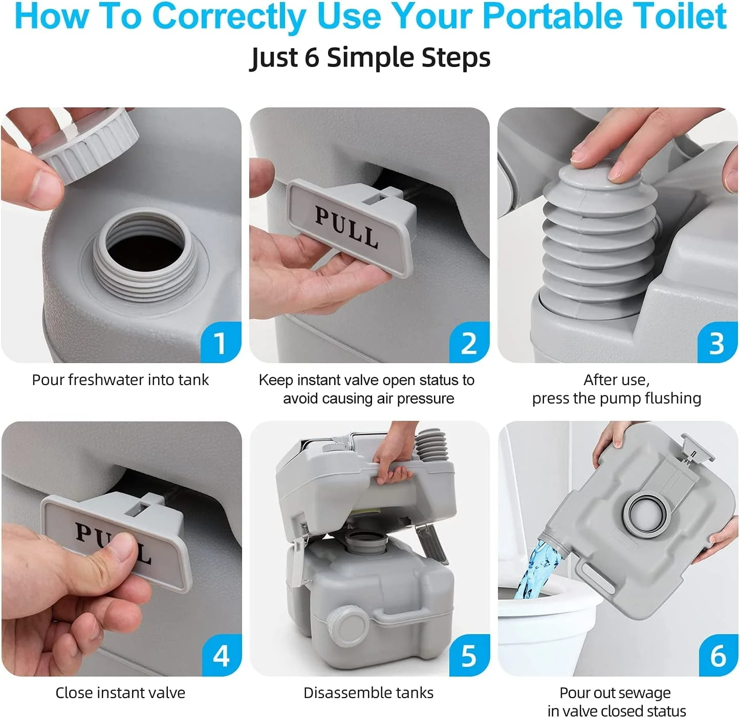 Dextrus 5.3 Gallon Portable Toilet With Detachable Tank, Double Outlet Water Spout, Press Flush Pump, Travel RV Potty for Camping, Boating, Hiking, Trips, White&Gray - Image 8