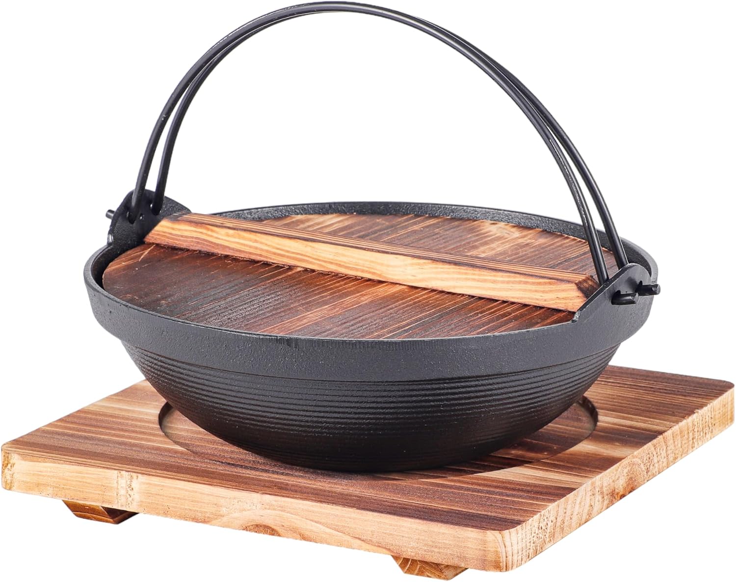 Japanese Style Sukiyaki Tetsu Pot Cast Iron Sukiyaki Pot with Wooden Lid and Trivet Hanging Stove Nabemono Hot Pot Home Use or Hiking Stove Pan Stockpot Wok for Outdoor (9.5