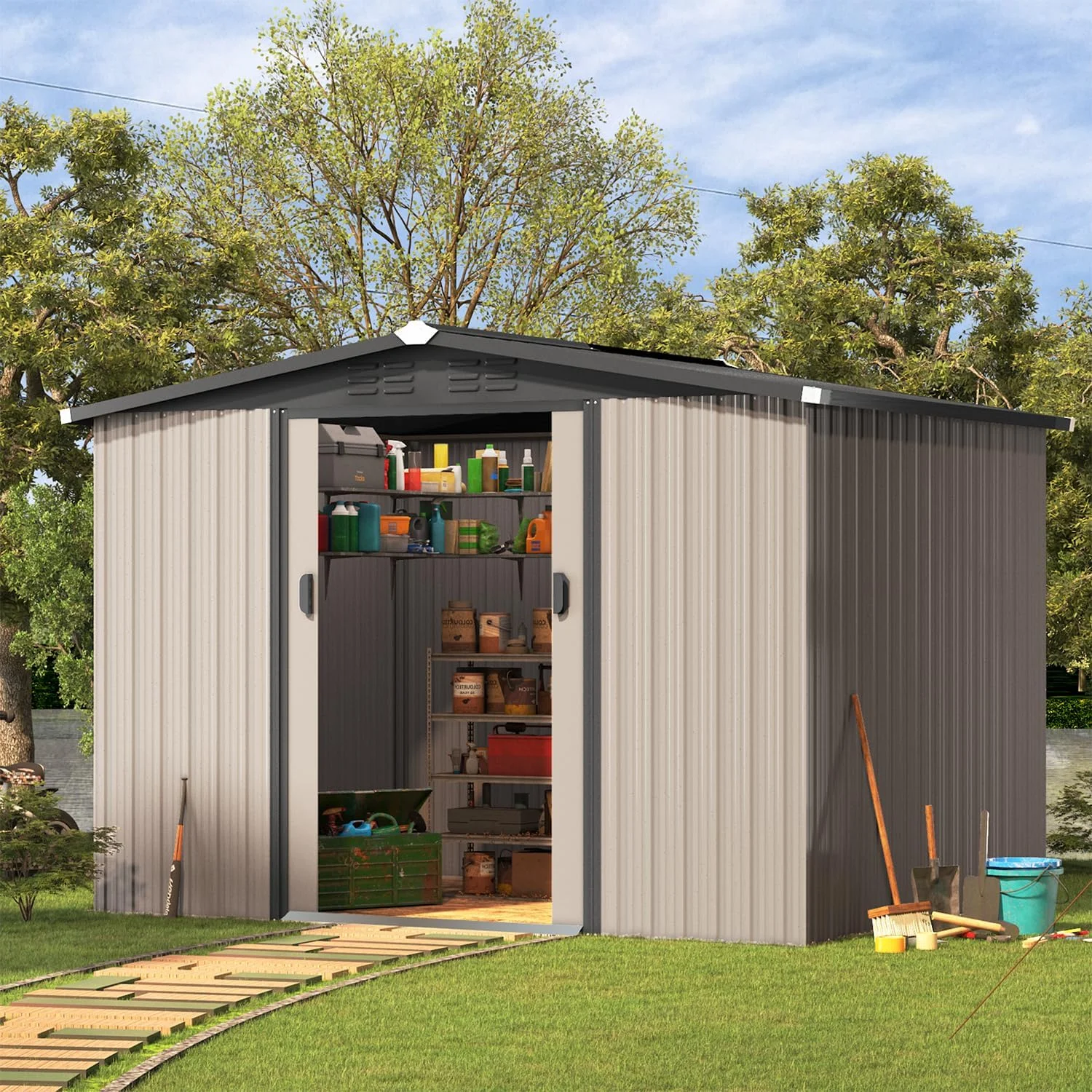 U-MAX 8 x 6 ft. Wood Grain Outdoor Metal Storage Shed with Lockable Door Patio Garden Storage Building for Outside - Image 16