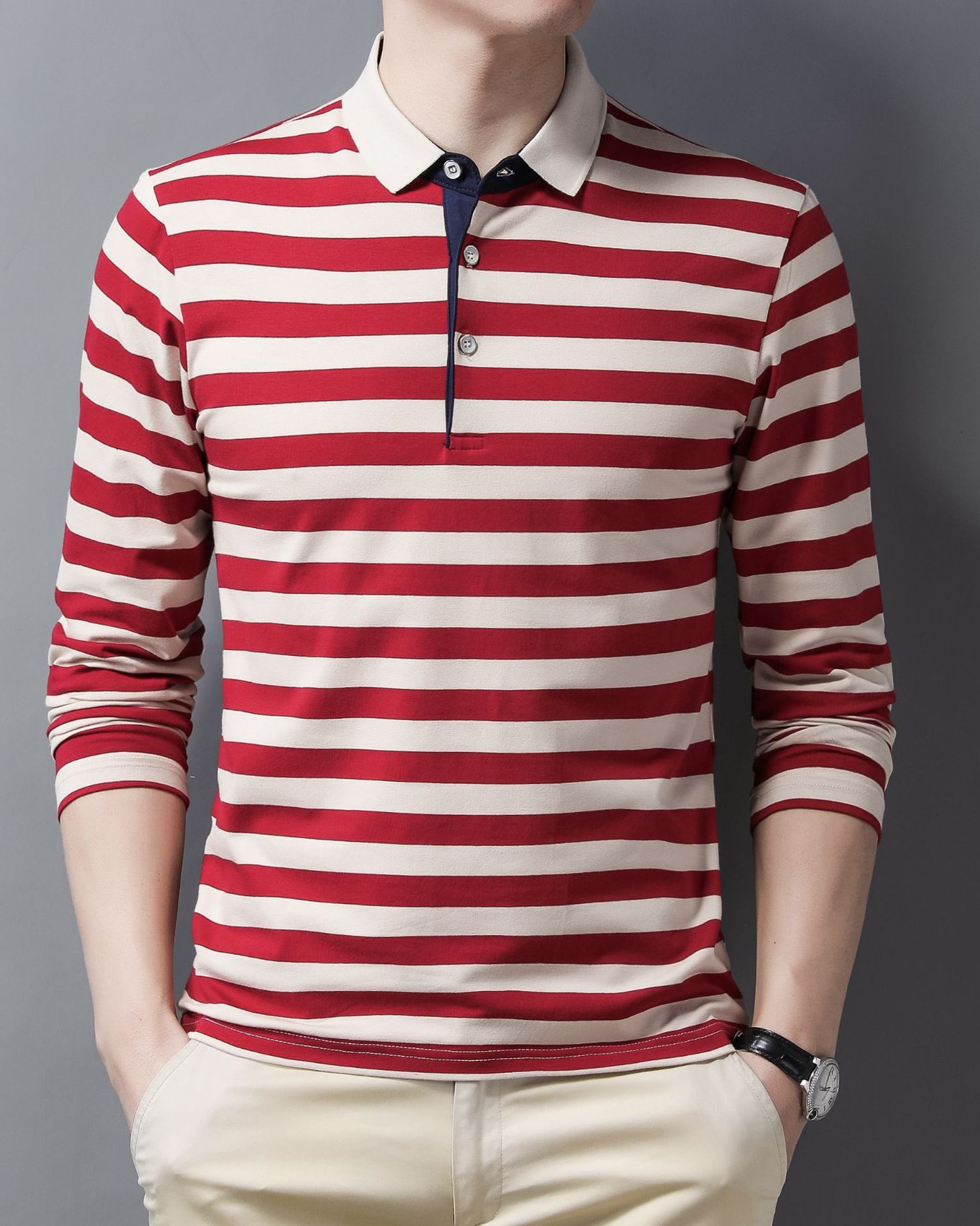 Men's Lapel Striped Polo Shirt