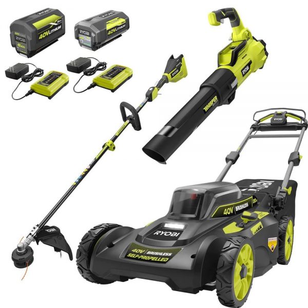 2025 40V Brushless 20 in. Walk Behind Self Propelled Mower String Trimmer Leaf Blower with (2) Batteries and (2) Chargers