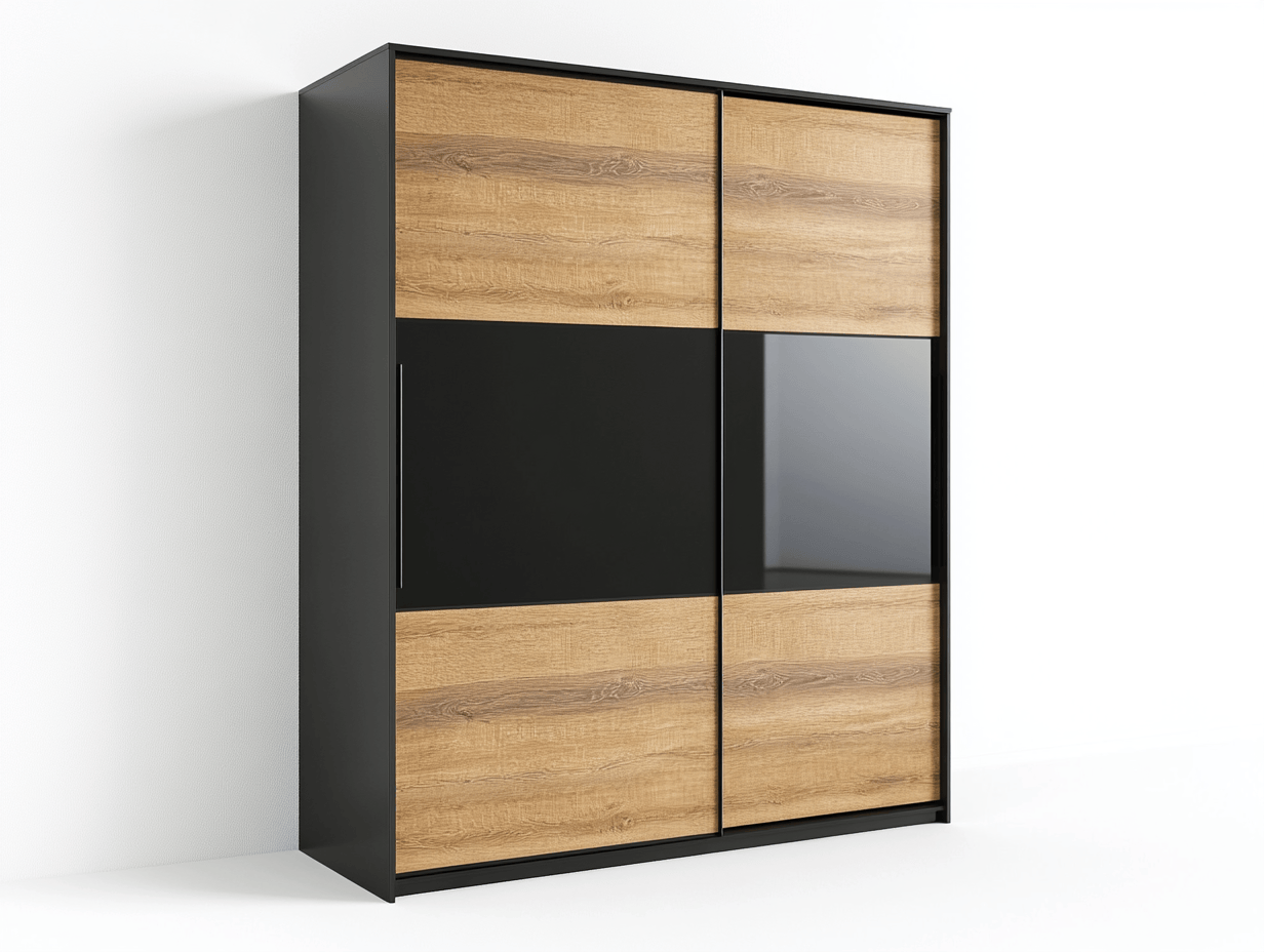 Armario con puertas corredizas en roble y negro con paneles de espejo
