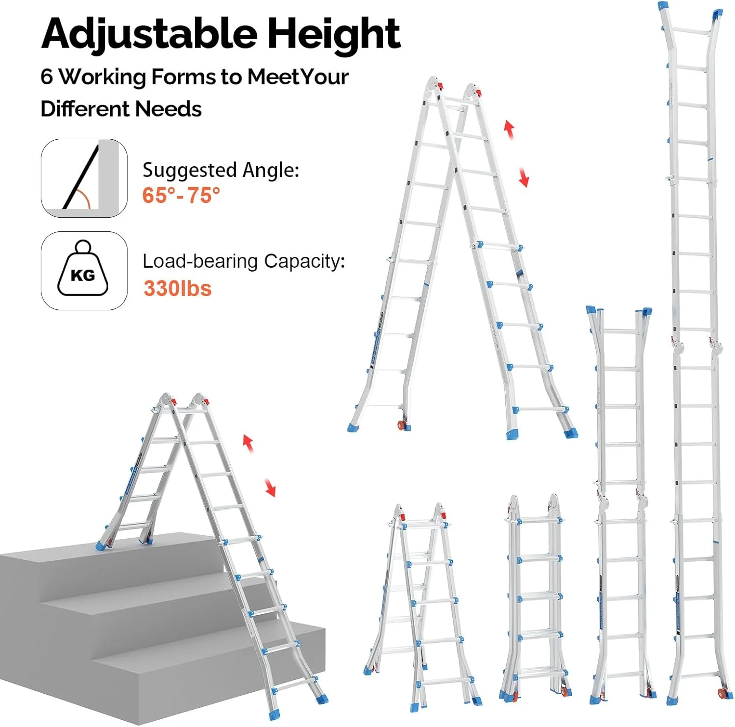 LUISLADDERS Ladder, A Frame 6 Step Ladder Telescoping Ladder, 22 Ft Reach Height Muti Position Folding Ladder Flared Leg & Wheels Design, 330 lbs Capacity Extension Ladder for Household Outdoor Work - Image 25