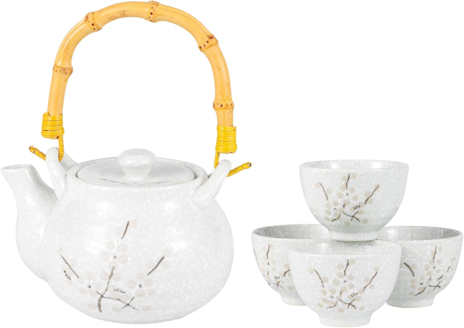 Japanese Plum Blossom Design Tea Set 27 fl oz Teapot with 4 Cups Serving Home Decor Asian Fusion Housewarming Decor (Pink)