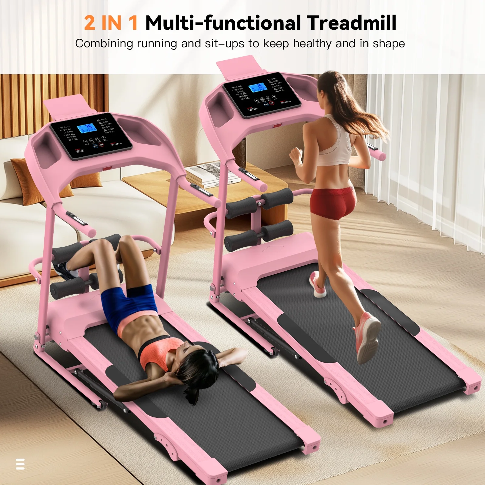 Treadmill with 8% Incline, 3.0 HP Foldable Compact Treadmill with Sit-up Function, 300 lbs Walking Running Treadmill with LCD Display for Exercise, 12 Programs - Image 8