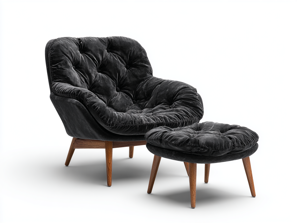 Sillón relax de terciopelo negro con reposapiés – patas de madera – diseño moderno