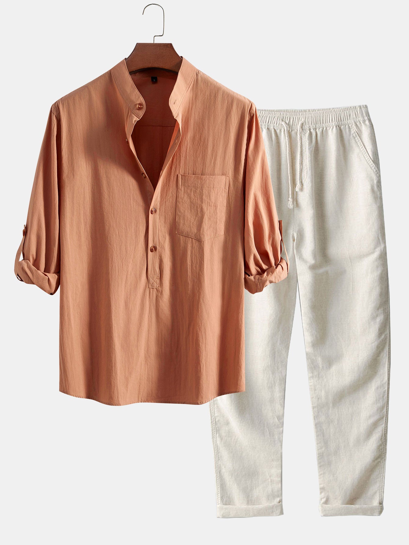 Long Sleeve Linen Look Henley Collar Shirt & Straight Leg Linen Pants