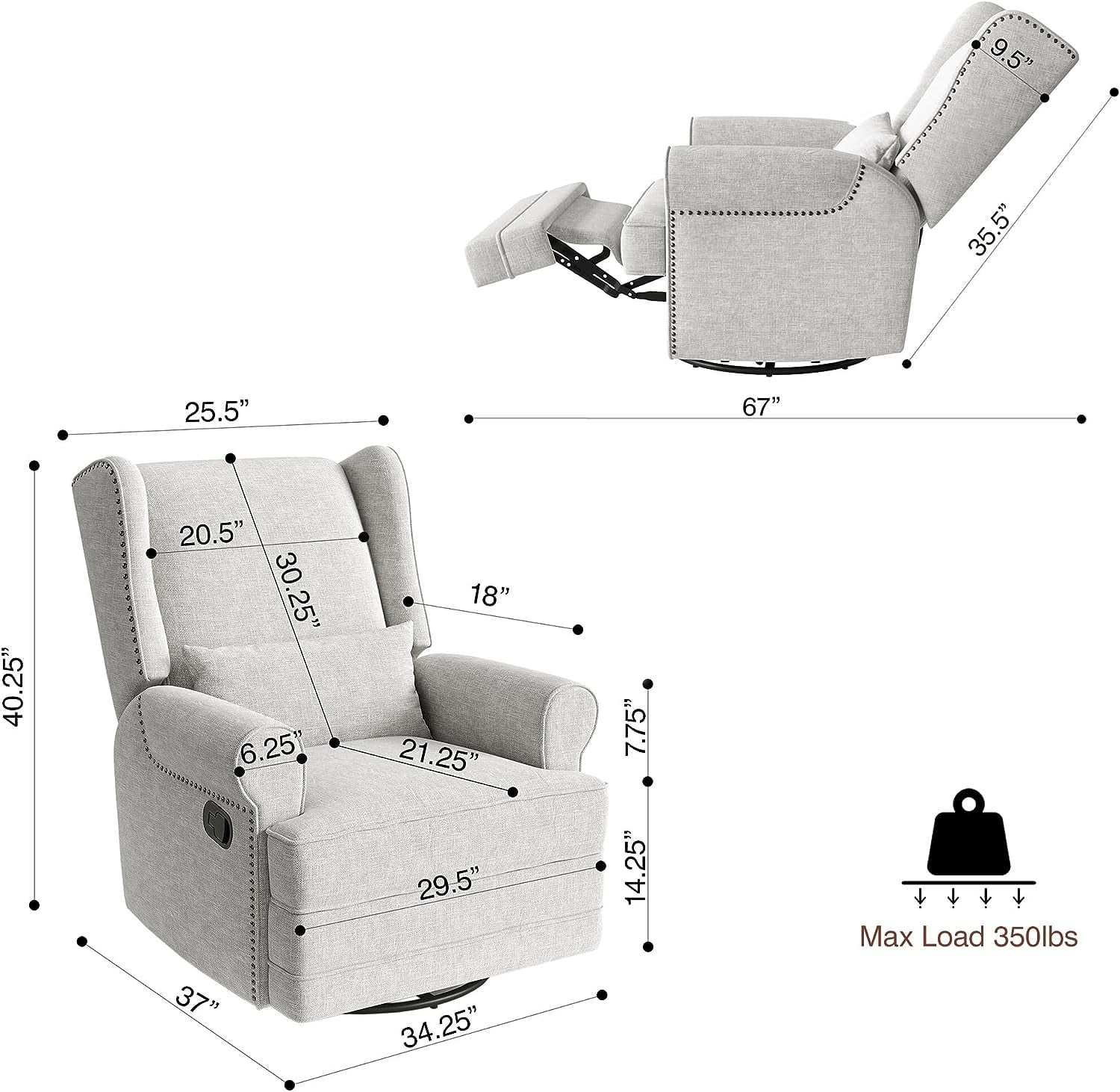 Royalcraft Swivel Nursery Glider Recliner, Comfy Upholstered Glider Chair with Lumbar Pillow and Footrest, Beige - Image 38