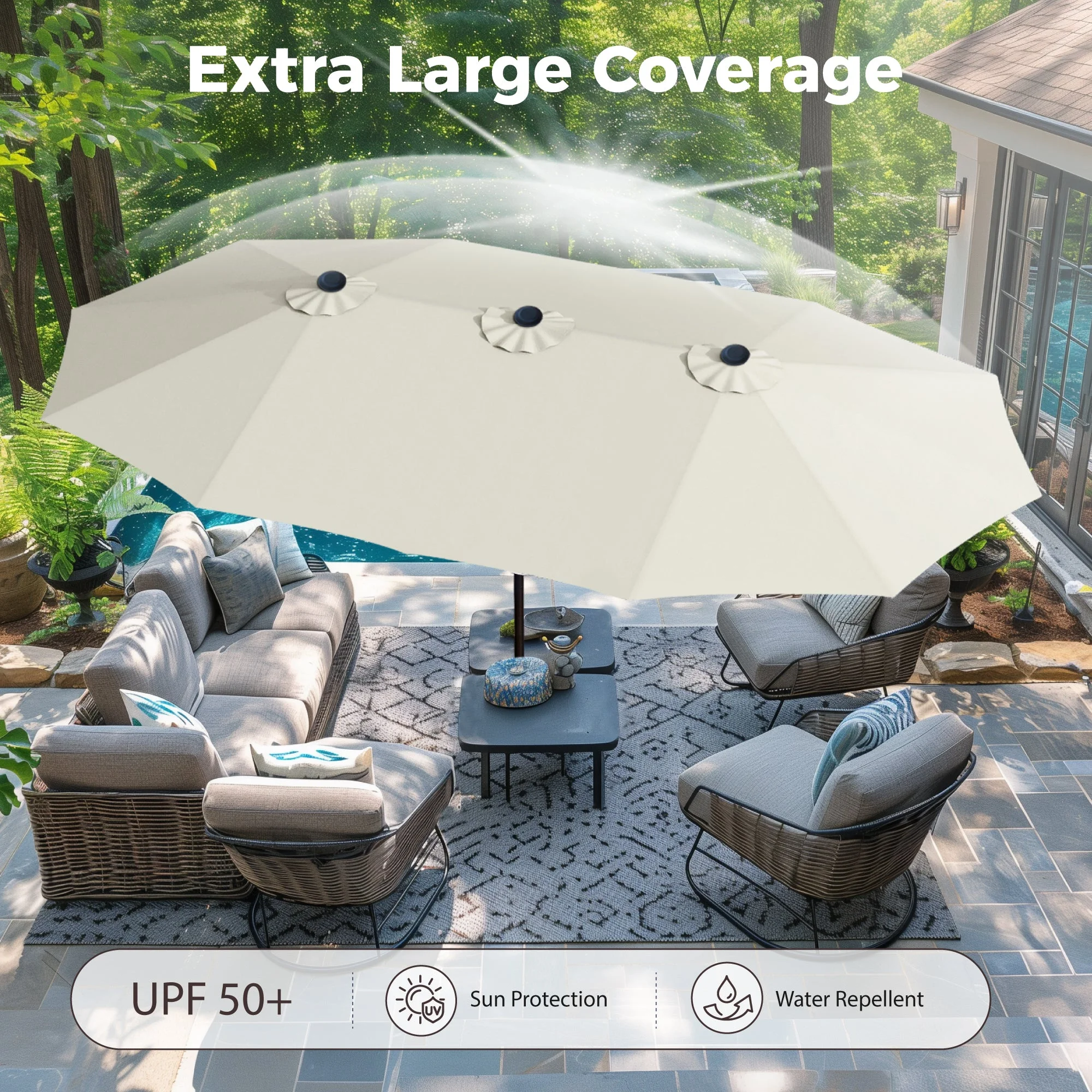 Alpha Joy 15ft Outdoor Patio Umbrella Extra-Large Double-Sided Garden Umbrella with Crank Handle and Base - Smoky Gray - Image 59