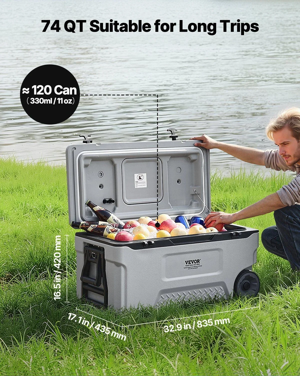 74 QT Wheeled Cooler - 120 Can Capacity Portable Ice Chest with Heavy-Duty Wheels & Cup Holders, Insulated Outdoor Cooler for Camping, Tailgating, Beach & BBQs, Leak-Proof Drain & Extended Cold Reten