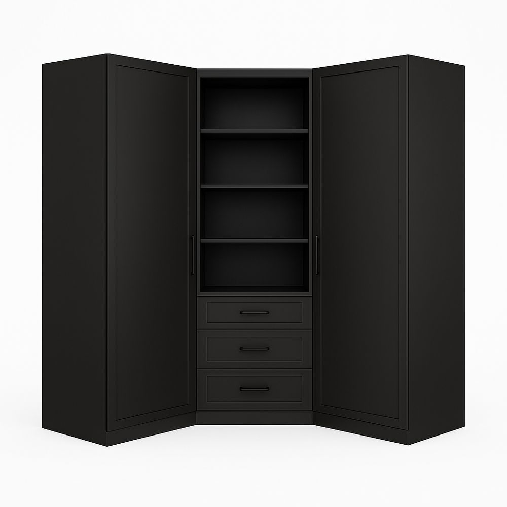 Armario esquinal modernista con puertas negras, estantes ajustables, y cajones de almacenamiento