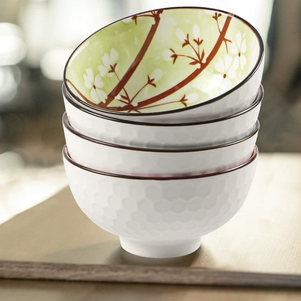 Ceramic Rice Bowls 10 oz, Sakura Bowl Gift Set, Assorted Color Dinnerware Serving Bowls for Rice, Cereal, Noodle, Soup, Desserts, Pack of 4 (Cherry Blossom)