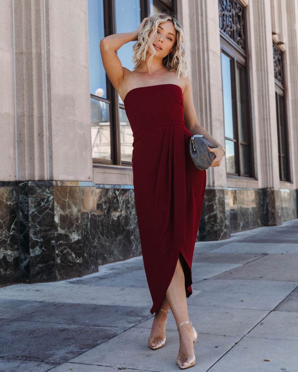 Aglow Strapless Draped Midi Dress - Wine - Se7enfashion
