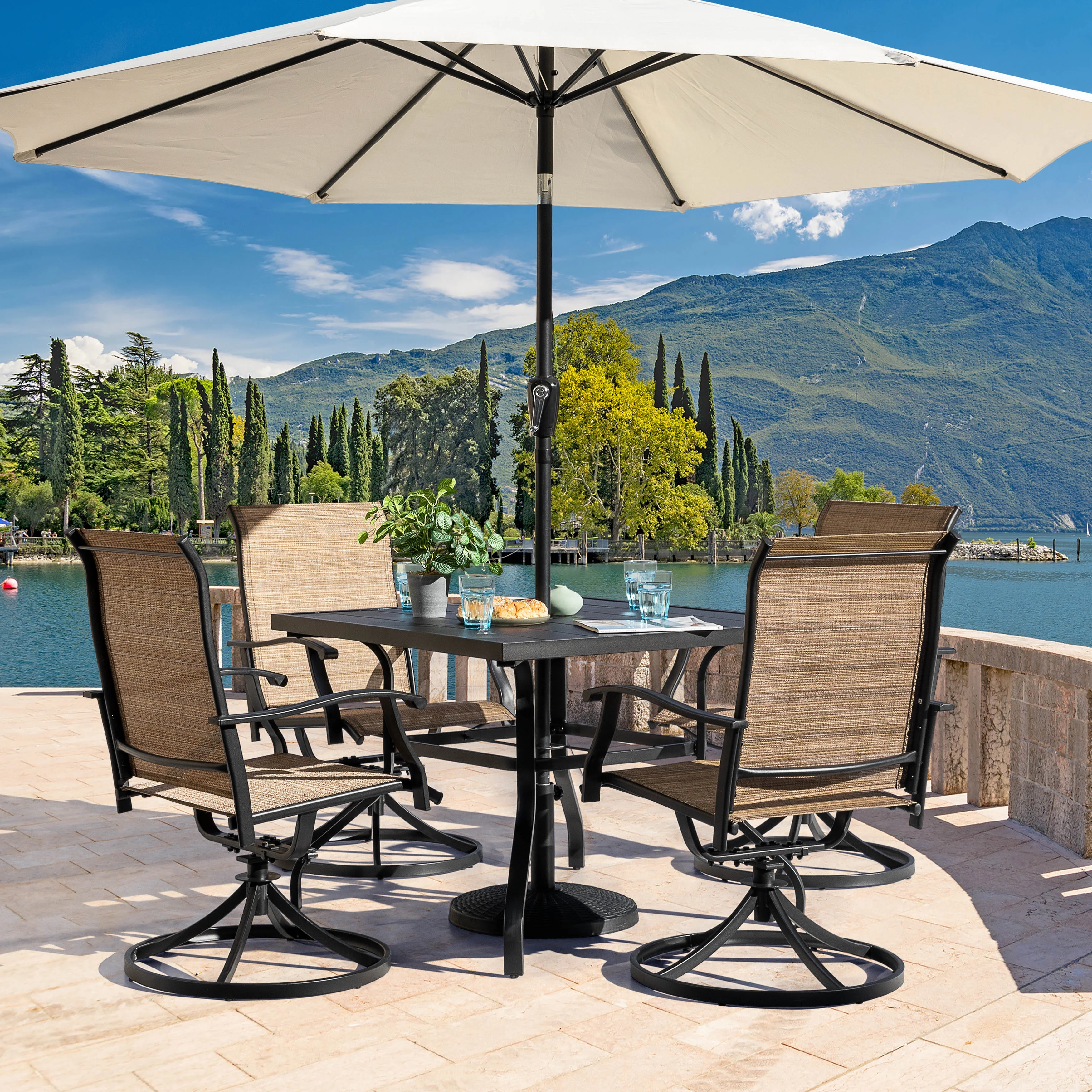 Nuu Garden 5 Piece Outdoor Patio Dining Set, Metal Patio Furniture Set 4 Textilene Swivel Chairs and 37" Square Iron Umbrella Dining Table,Black and Brown - Image 2