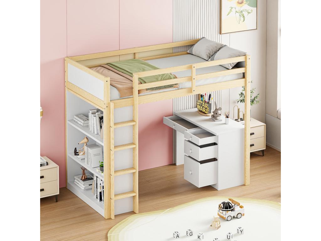 Cama alta de 90 x 200 cm con armarios de almacenamiento y mesa para ordenador, cama alta multifuncional para niños en madera natural