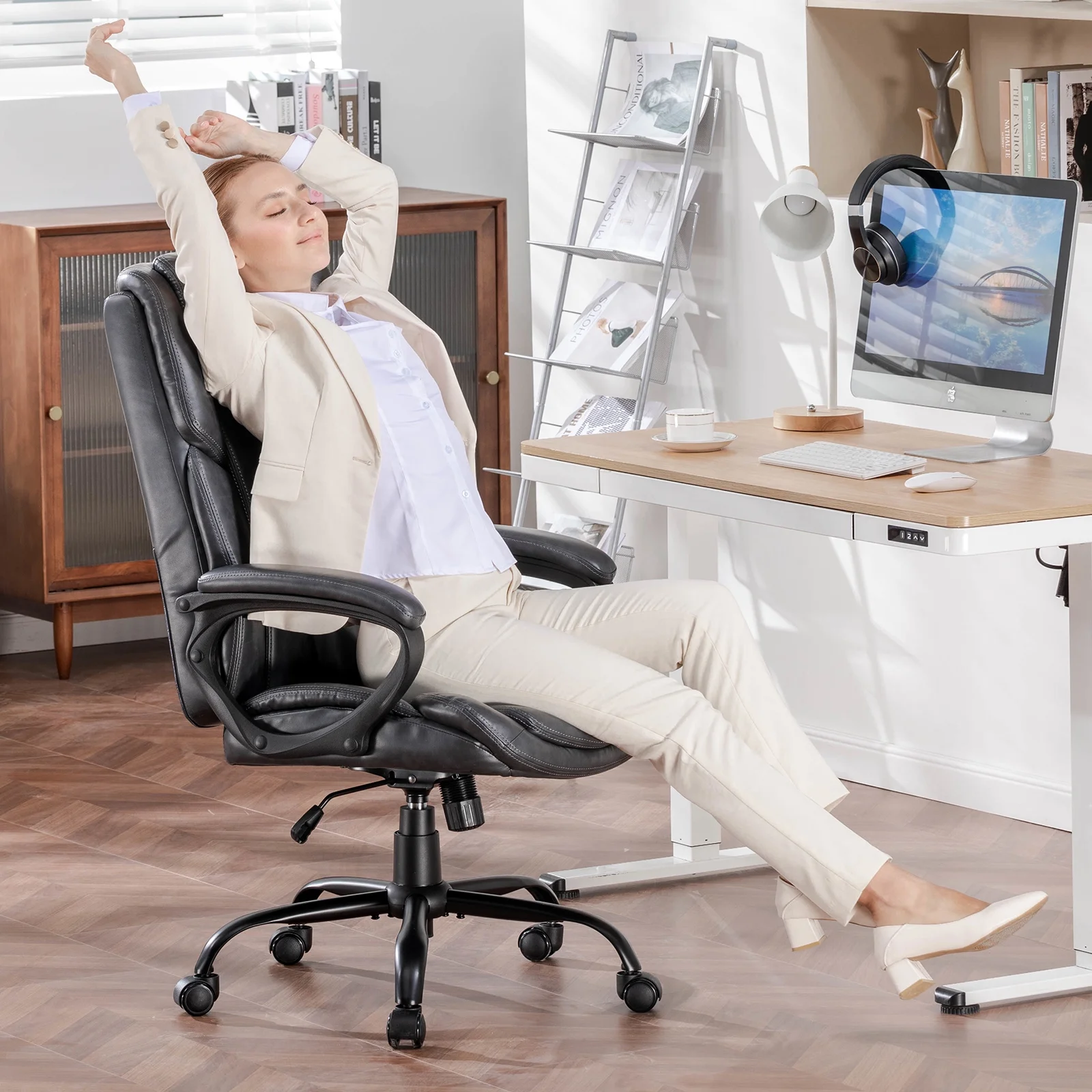 Mainstays Executive Ergonomic High Back Leather Home Office Desk Chair, Black - Image 40
