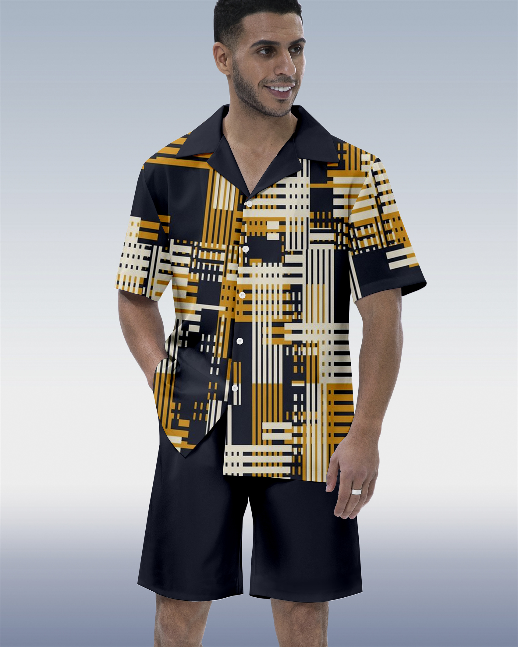 Men's Vacation Bowling Cuban Collar Short Sleeve Shirt Set 064