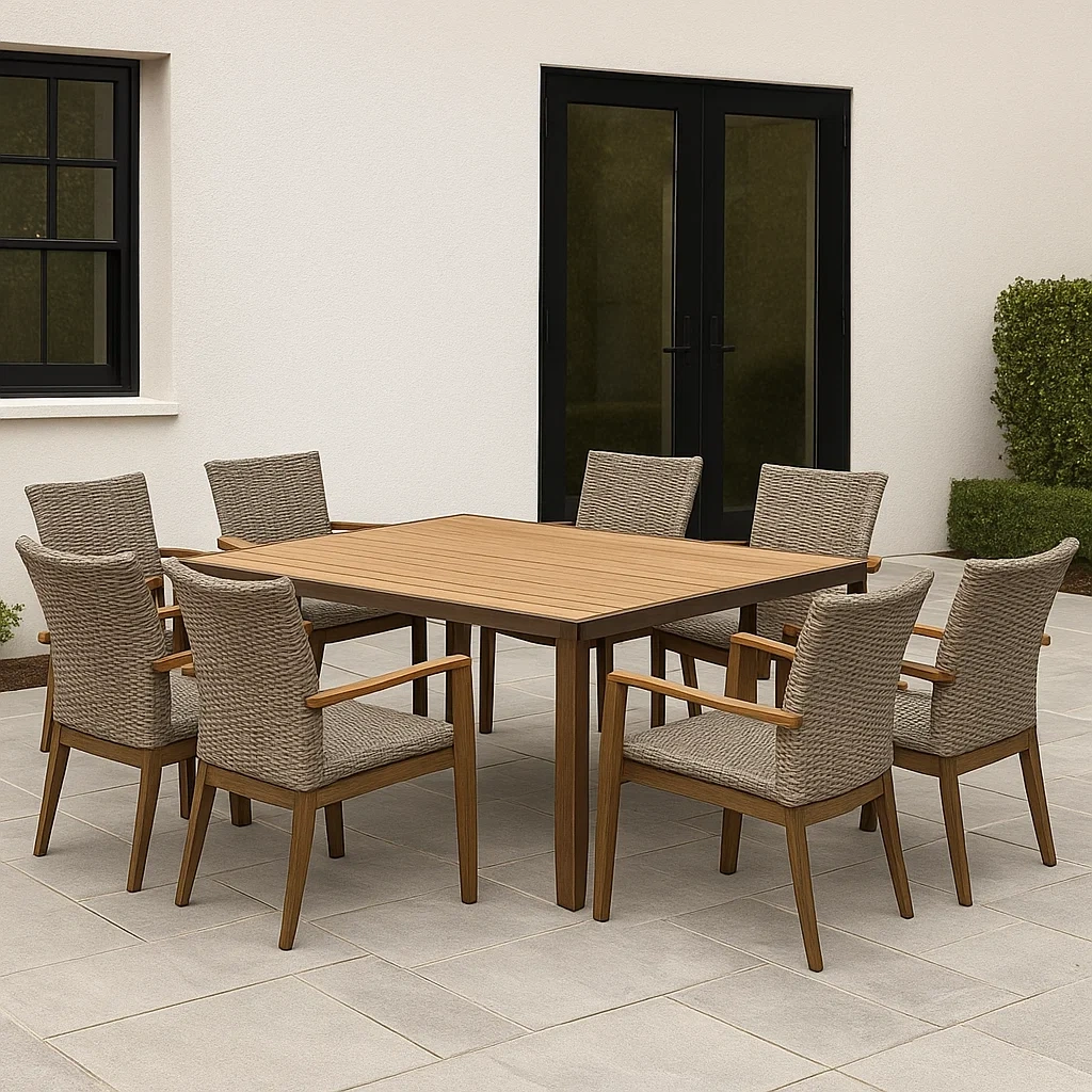 Mesa y sillas de jardín,8 plazas,de madera y ratán sintético,beige,mesa 180x90x75 cm,sillas 58x62x88 cm,estructura rectangular,con sillas con reposabrazos,para patio o terraza. - ic7ITjyVeNoR