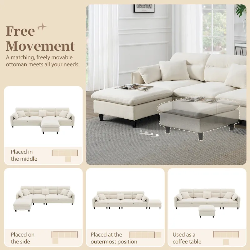 110-Inch L-Shaped 5-Seater Sectional Sofa with Removable Ottoman, Cloud Chenille Fabric, and 5 Cushions