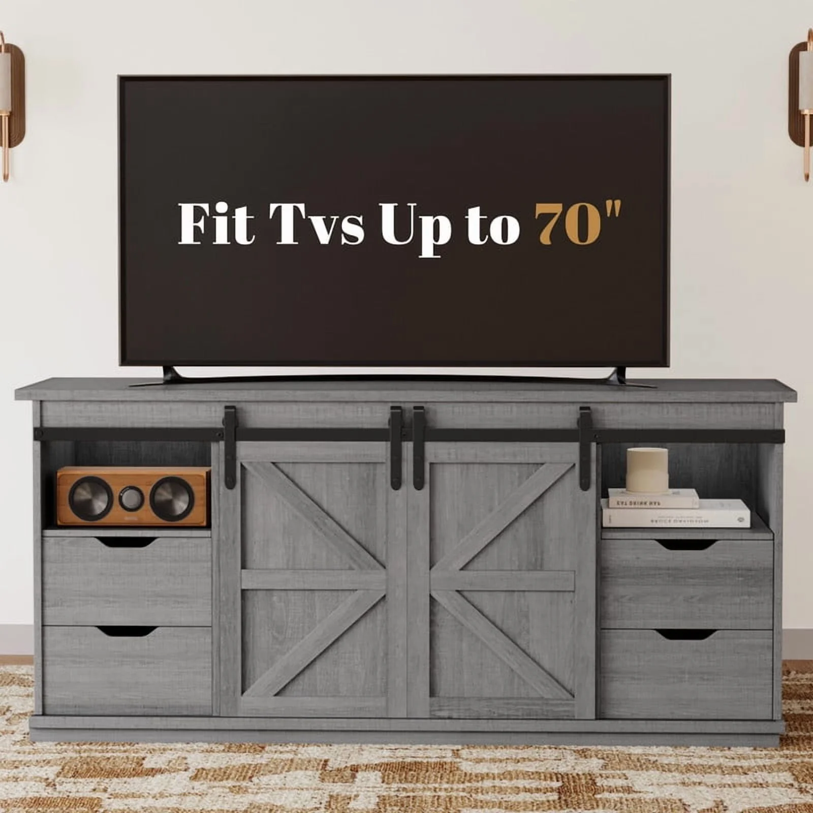 Vineego 70 inch Farmhouse TV Stand for Living Room, Entertainment Center with Sliding Barn Doors & 4 Storage Drawers, Adjustable Shelves Rustic Media Console for Bedroom,White - Image 22