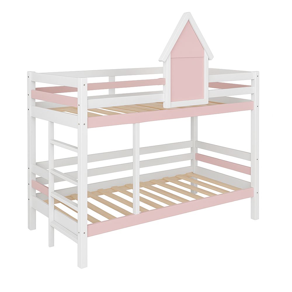 Cama literas juvenil en estilo casa,madera,con escalera,color blanco y rosa,dos camas