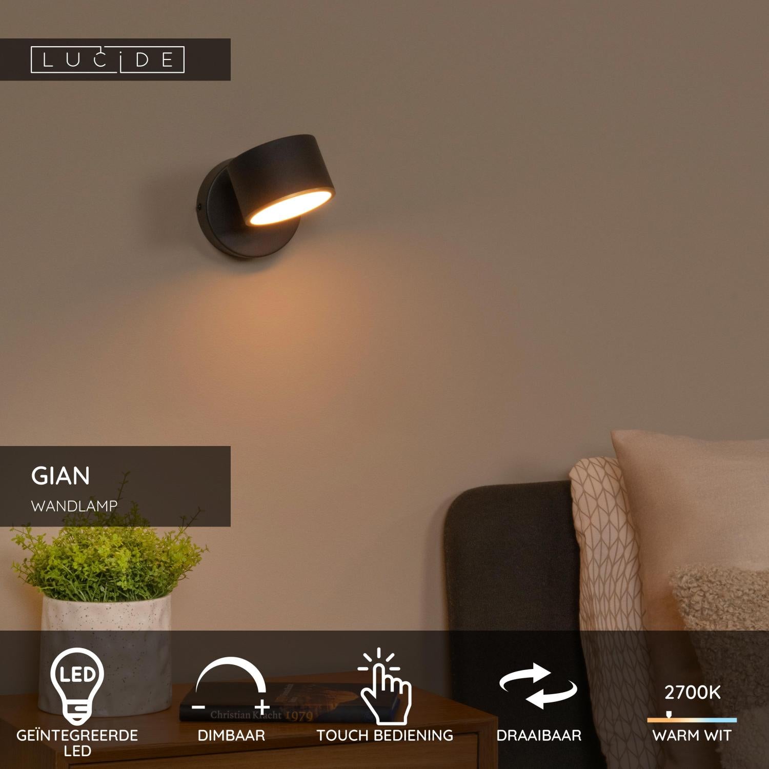 Lucide GIAN Wandlamp - Zwart