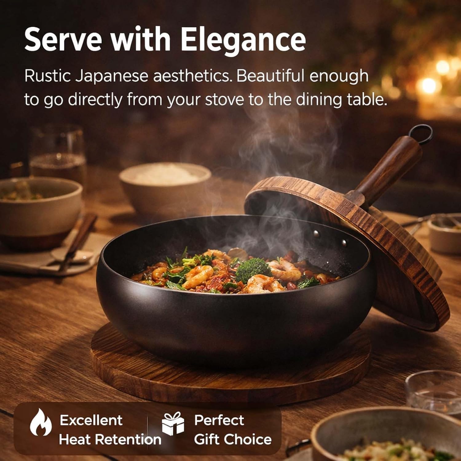Traditional Forged Big-Belly Pot - Japanese-Style Big Belly Iron Wok with Lid, Nitrided Rust-Resistant & Uncoated Non-Stick Deep Frying Pan- Includes Wooden Spatula (No pot lid,24cm)