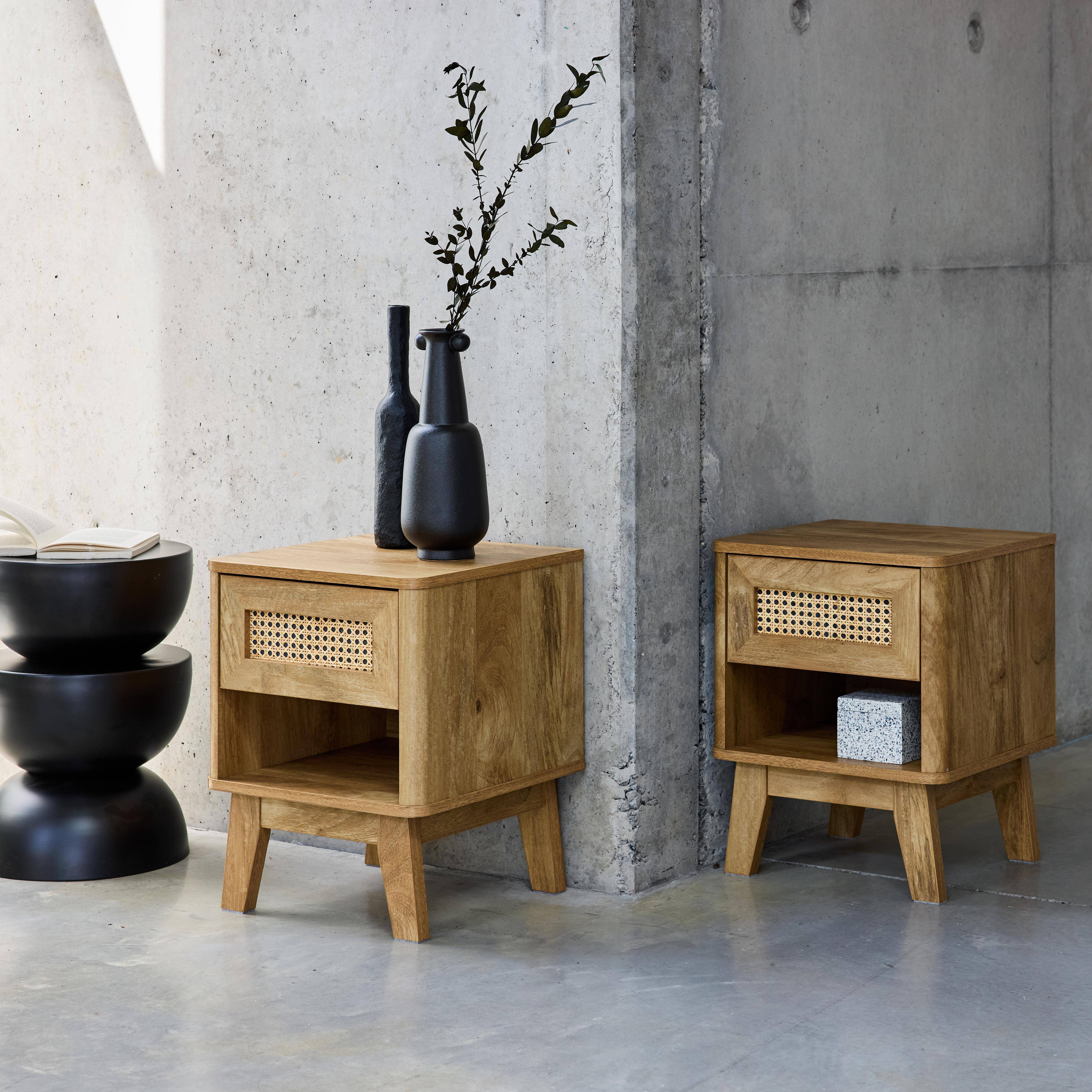 Mani - Mesita de noche efecto madera y caña, set de 2