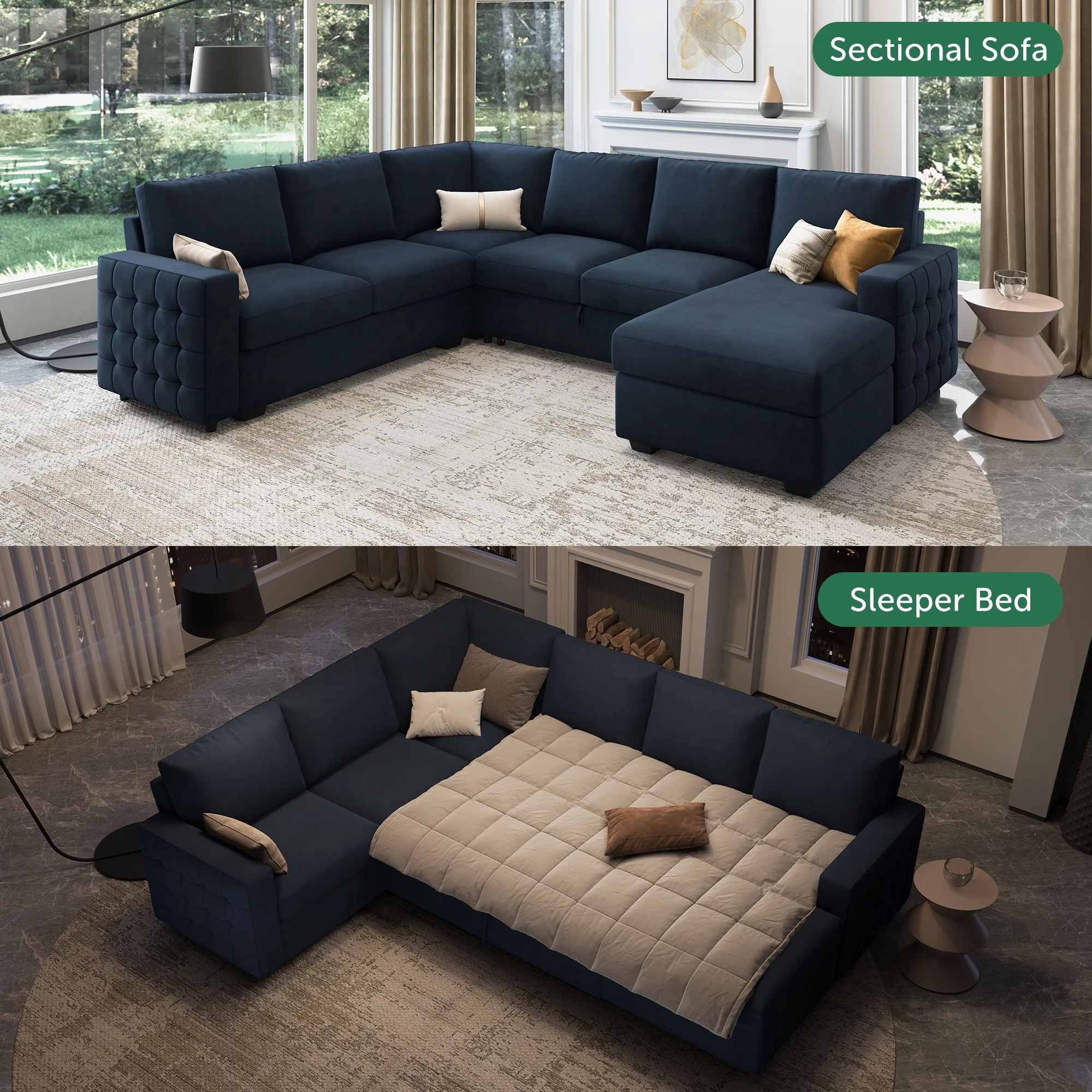 HONBAY Modular Sectional Pull-Out Sofa Bed with Storage Velvet U-Shaped Convertible Sleeper Sofa for Living Room, Blue - Image 64