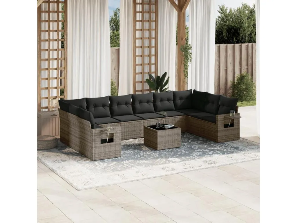 Set de sofás de jardín 11 pzas y cojines ratán sintético gris uzha36808