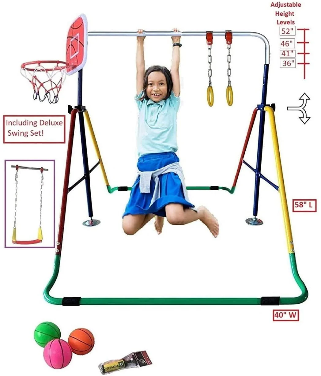 Adjustable Height Gymnastics Bar for Kids Kip Bar 6 in 1 Set, 6'x2' Gymnastic Tumble Mat, Swing Seat, 2 Trapeze Rings, Basketball Hoop, Home Junior Training Monkey Bars Fitness Balance Horizontal Bar - Image 5
