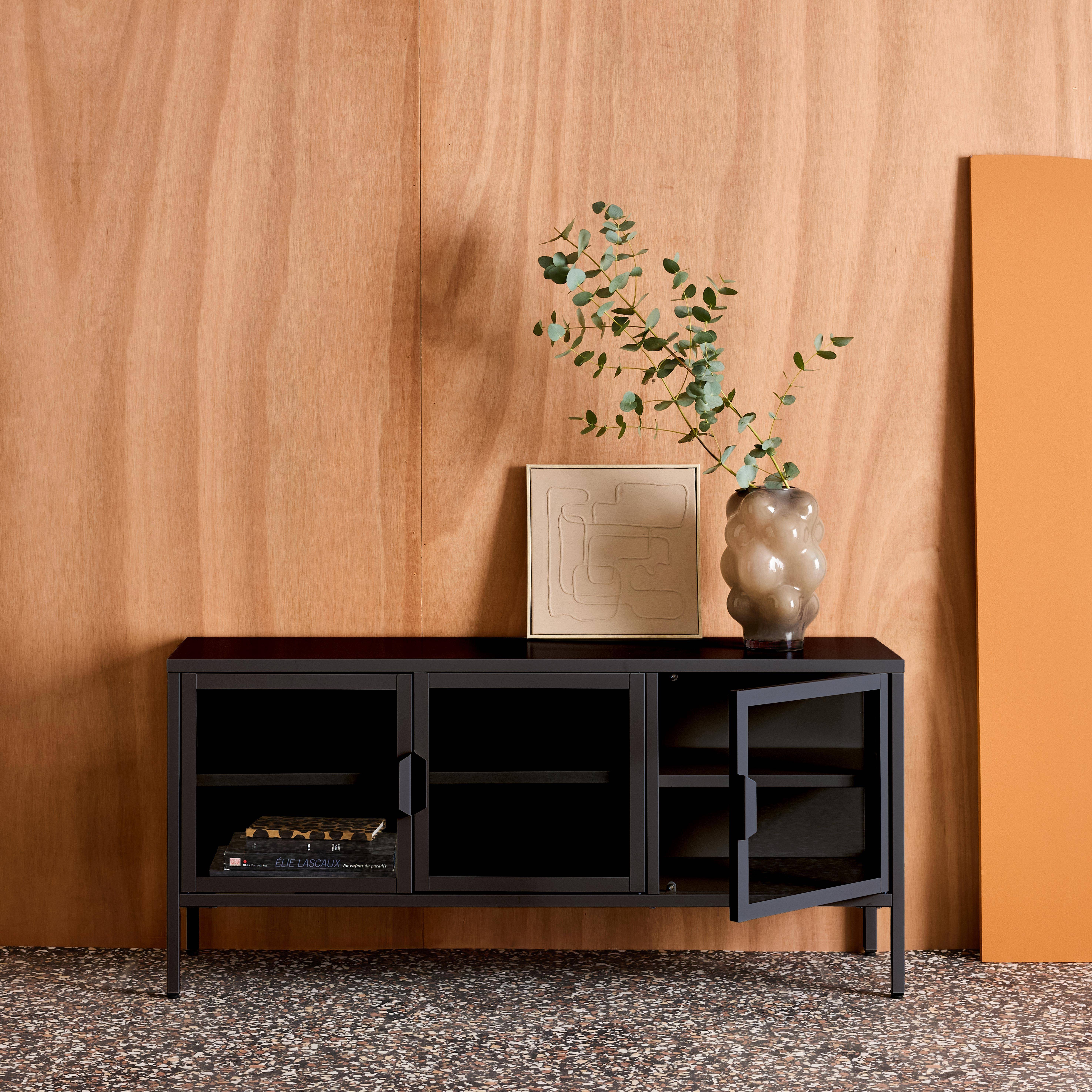 Arkansas - Mueble de TV industrial de metal y vidrio templado con 3 puertas, 120cm
