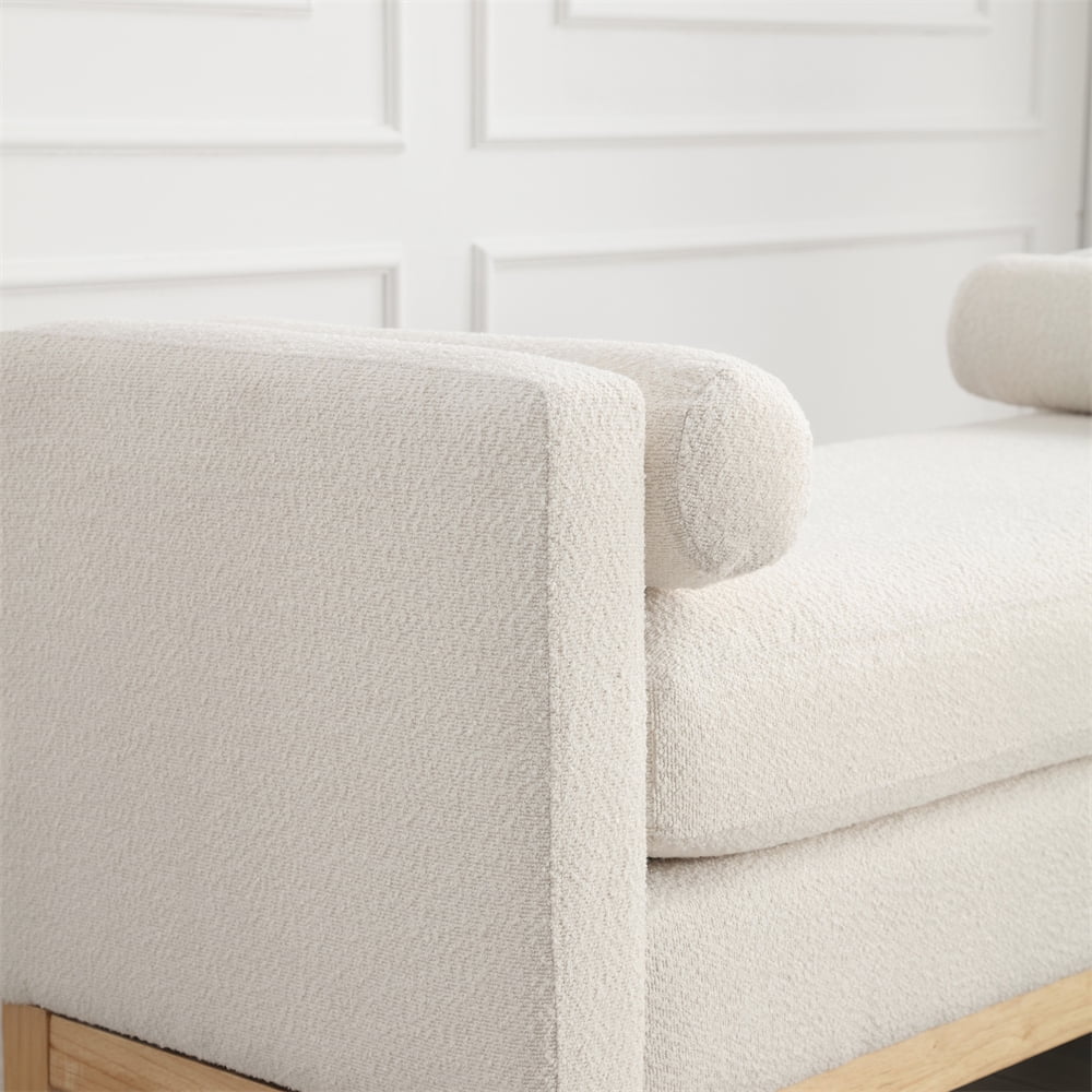53.5"W Elegant Upholstered Bench with Wood Legs & Round Pillows,Comfy Boucle Fabric Footrest with Arms, Entryway Bench for End of Bed, Bedroom and Living Room, Ivory - Image 6