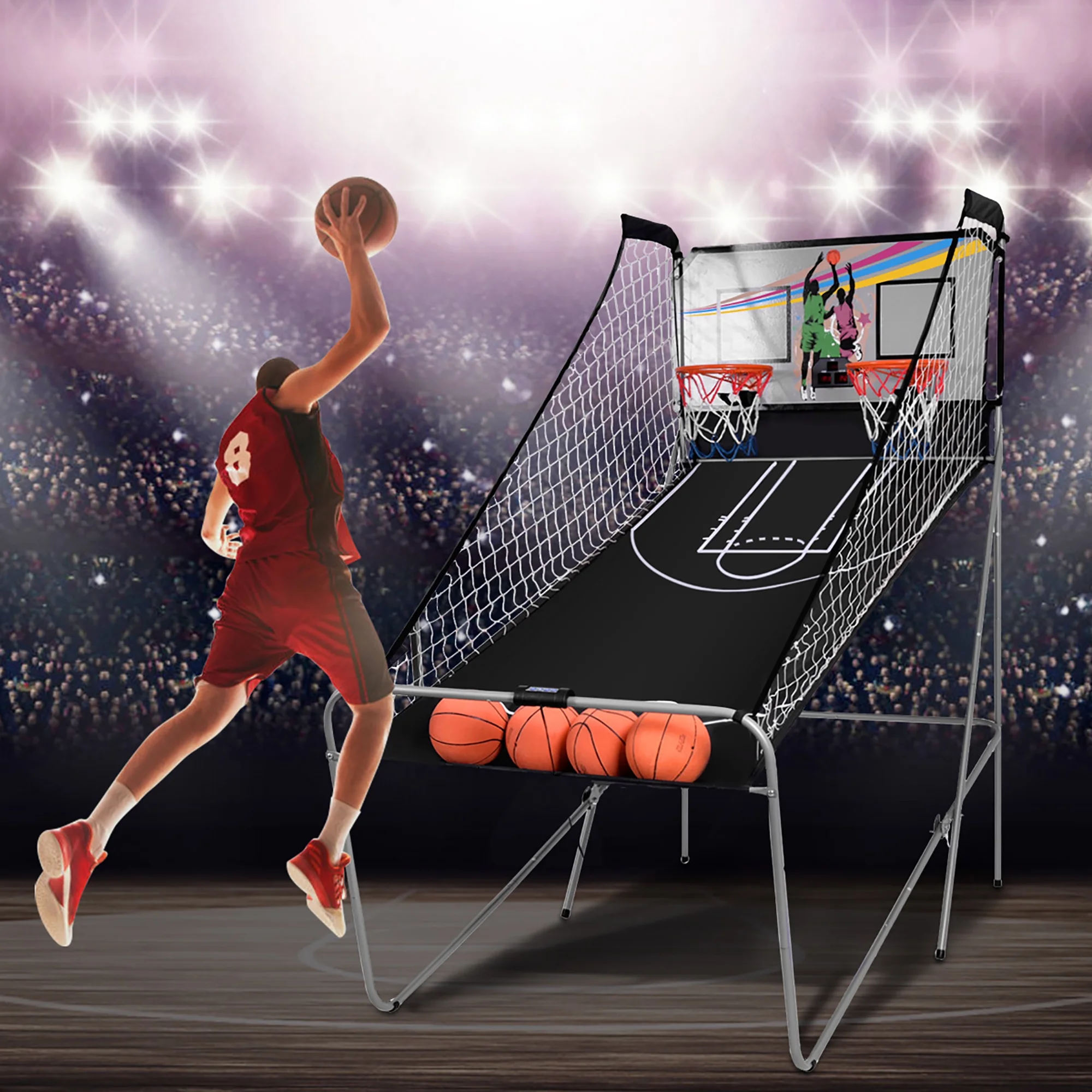 Costway Dual LED Electronic Shot Basketball Arcade Game with 8 Game Modes 4 Balls Foldable Grey - Image 9