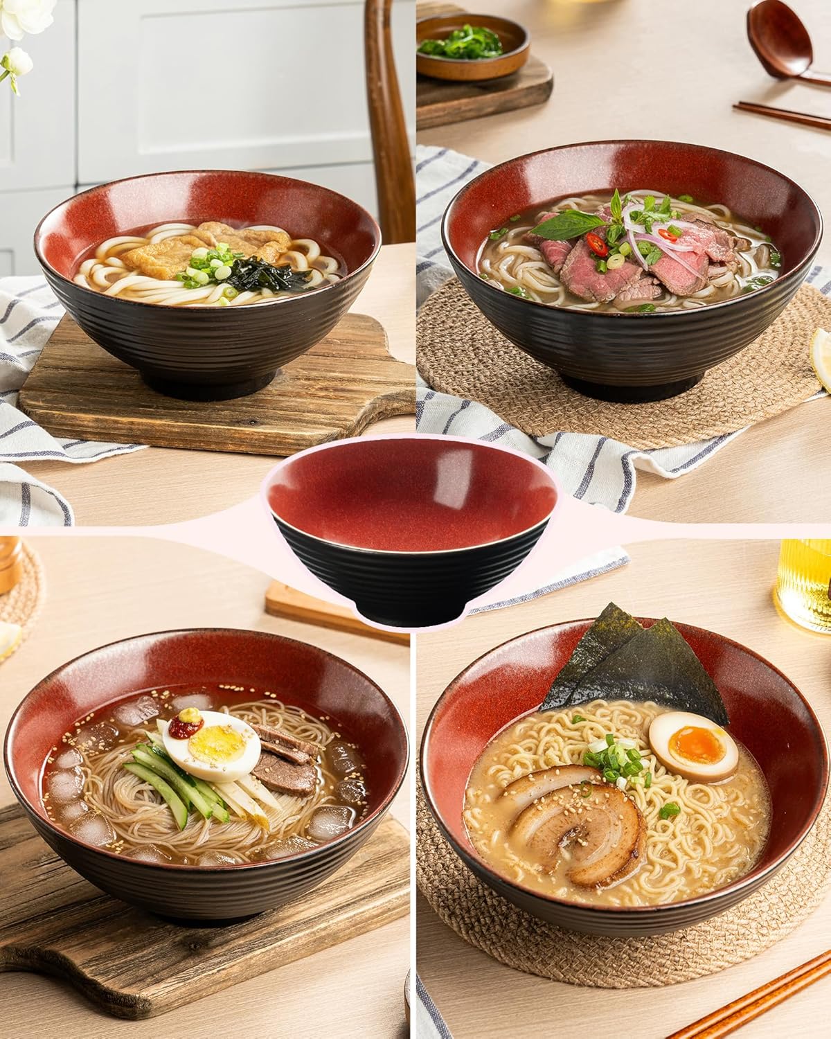 Large Japanese Ramen Bowl Set of 4, Material Safety Ceramic Ramen Bowls with Matching Chopsticks and Spoons, 8 Inch 40oz Pho Bowls Ramen Noodle Bowl for Asian Udon Soup Salad Cereal(Red)