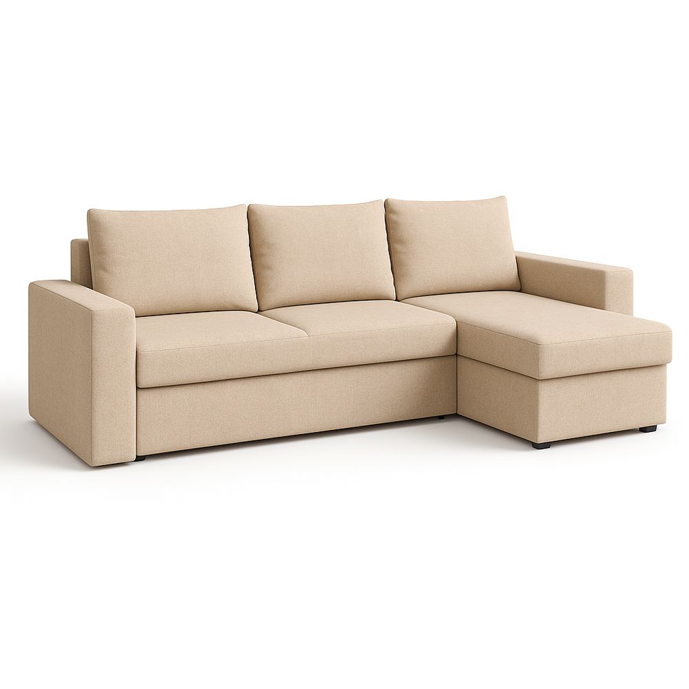 Sofá esquinero moderno de tela beige con chaise longue, estructura sólida y funcionalidad de cama