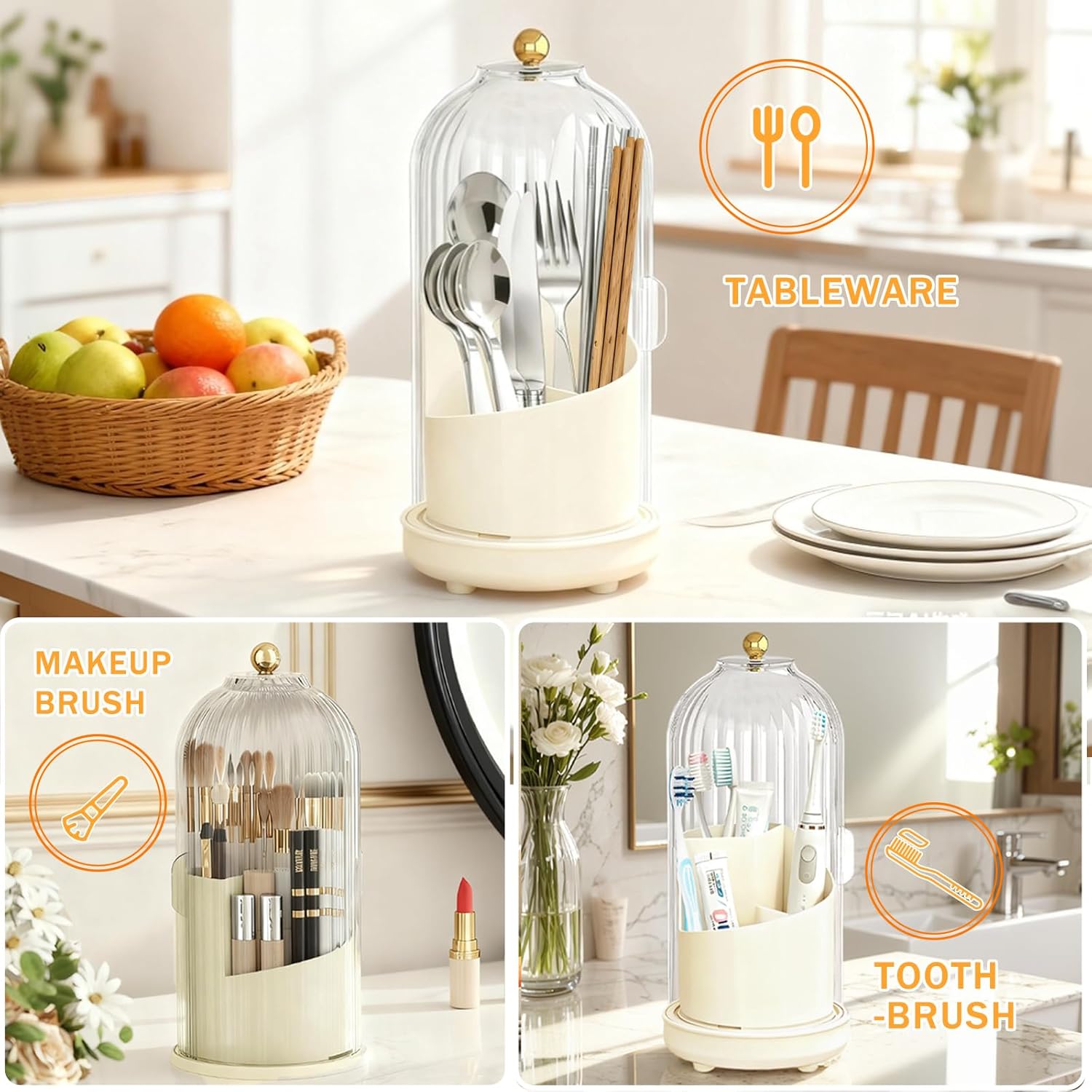 Kitchen Utensil Holder with Sliding Lid and Draining Tray, Self Draining 360° Rotating 3-Slot Kitchen Countertop Organizer Cooking Utensil Crock for Flatware Chopsticks Spoon Spatula Cutlery (White)