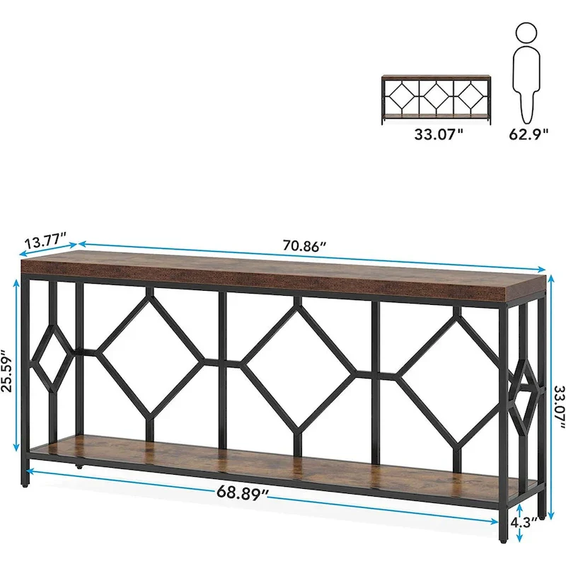 70.9-Inch Industrial Sofa Console Table with Open Storage Shelf - Extra Long Narrow Entry Table for Behind Couch