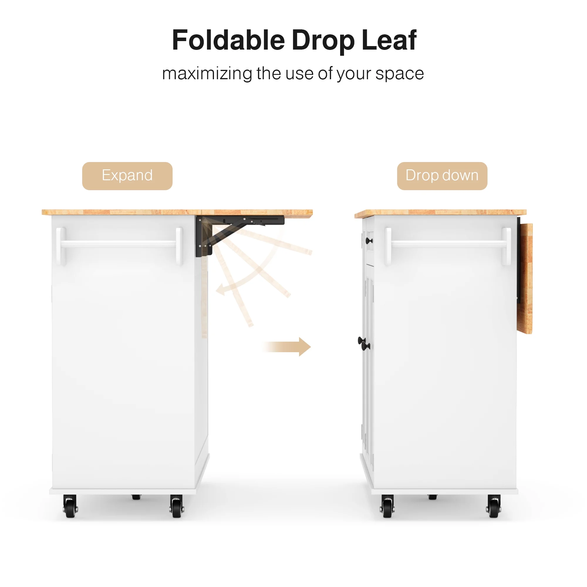 Kitchen Island with Storage - Lofka Rolling Kitchen Cart with Solid Wood Top,Drawers,Spice Rack & Towel Bar - Mobile Workstation for Small Kitchen,Dining Room ,White - Image 4