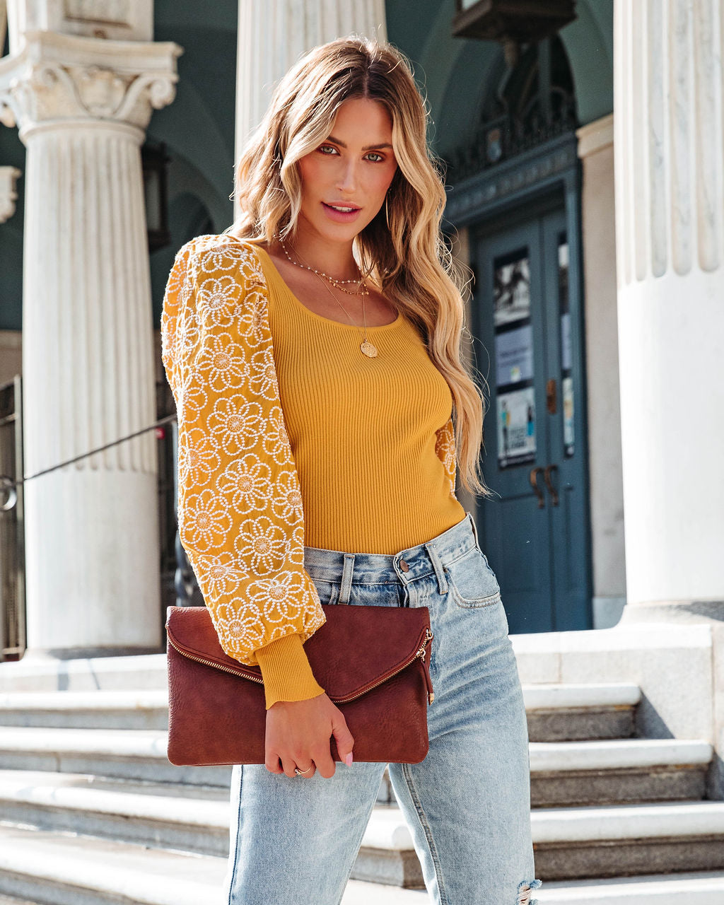 Sunshine Daisies Embroidered Knit Top - Mustard - Se7enfashion
