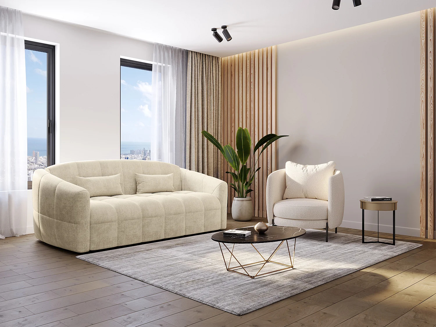 Sofá cama de 3 plazas de apertura rápida de terciopelo beige - Cama de 140 cm - Colchón de 14 cm RETUNA II
