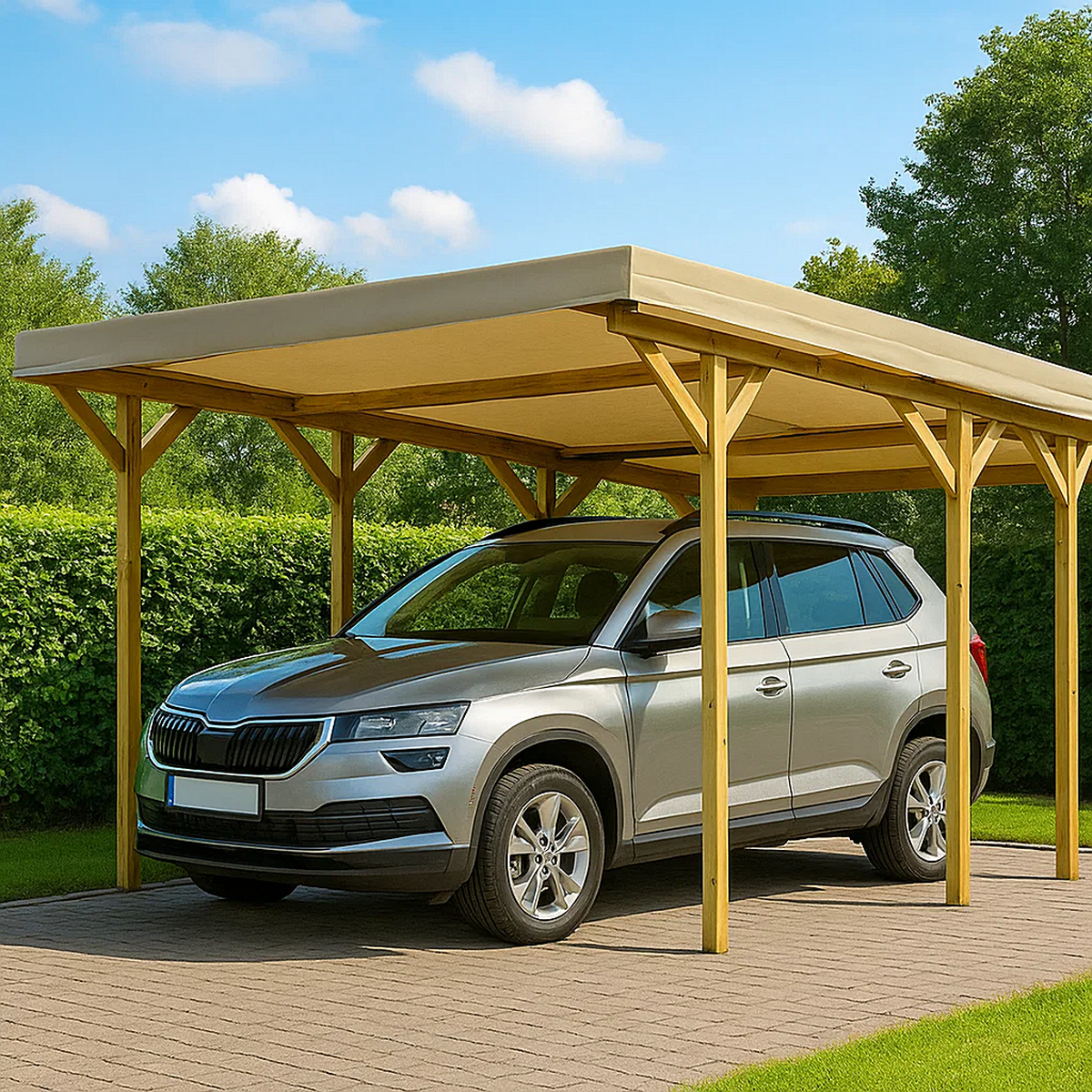 Cochera de madera 3,6x4,8x2,4 m – Techo Plano con Lona Beige – Aparcamiento Cubierto para 1 Coche – Estructura Robusta de Pino Tratado