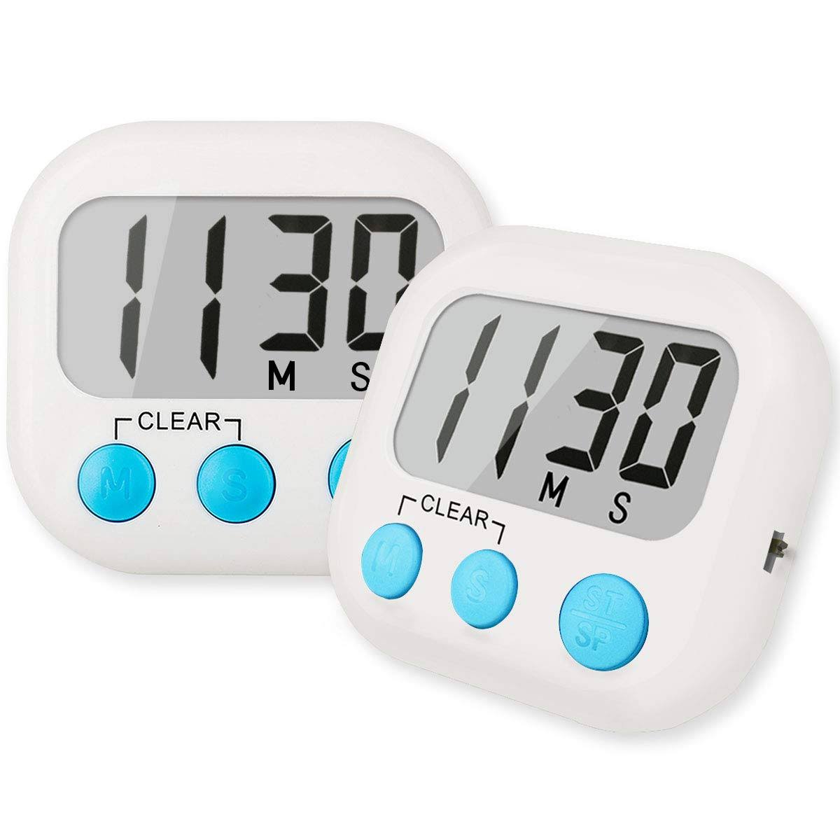 Aouce 2 Pack Digital Kitchen Timer for Cooking Big Digits Loud Alarm Magnetic Backing Stand Cooking Timers for Baking White