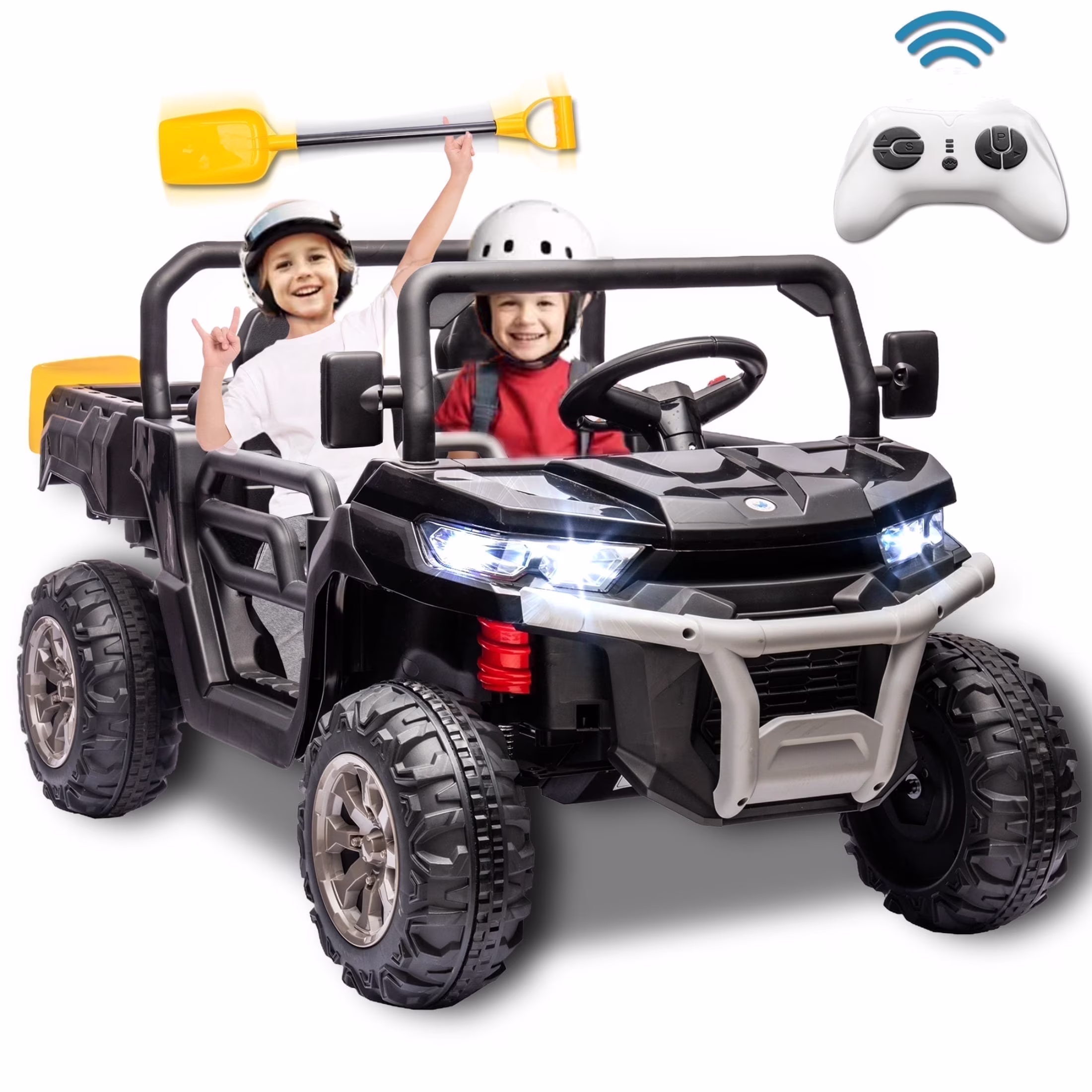Xuanlur 24V 2 Seater Kids Ride on Car Truck, Ride on UTV W/ 2x200w Motor, 24 Volt Ride on Toys W/ Dump Bed/Shovel, Electric Car for Kids W/ Durable Tires, LED Light, Music, Remote Control, Black(L-4X4/Black)
